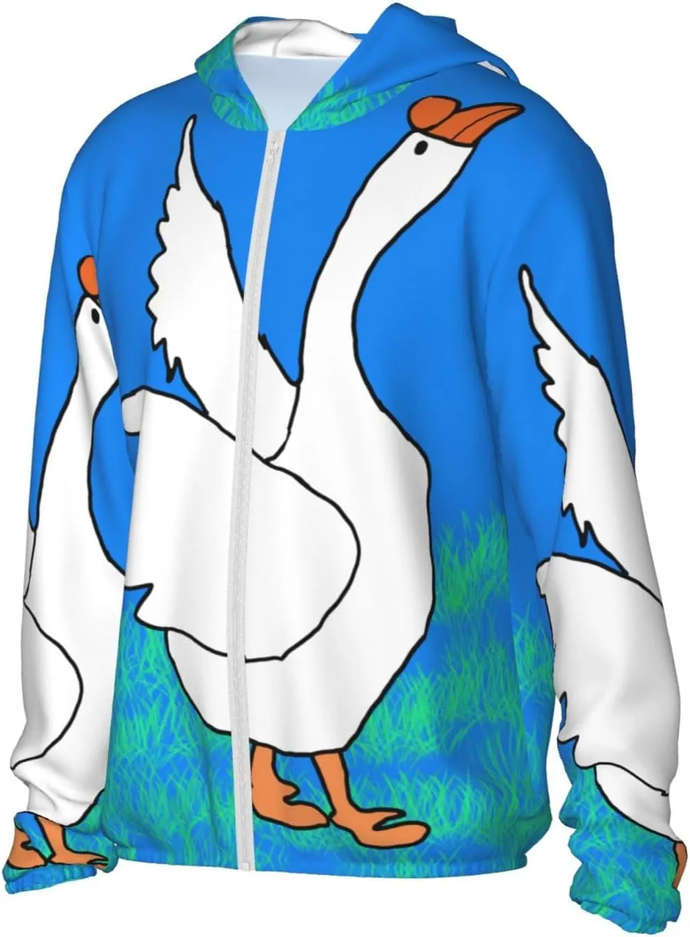 Lightweight UV Protection Sun Jacket, White Goose Spread Wings Print Sportswear Hooded Sunblock Shirt for Outdoor