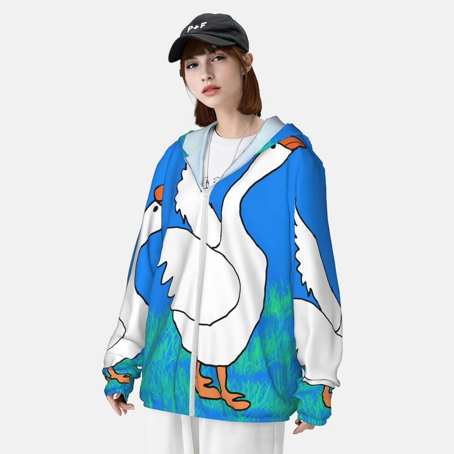 Lightweight UV Protection Sun Jacket, White Goose Spread Wings Print Sportswear Hooded Sunblock Shirt for Outdoor