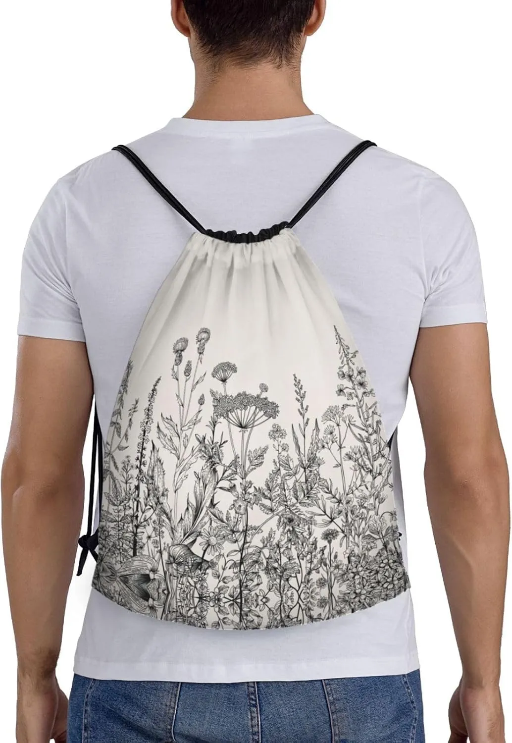 Limpac Floral Herbs Botanical Engraving Print Drawstring Gym Backpack Bag, Fitness Travel Beach Sport Storage For Men Women, Medium, Black