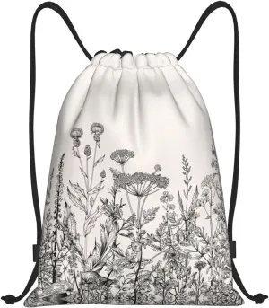 Limpac Floral Herbs Botanical Engraving Print Drawstring Gym Backpack Bag, Fitness Travel Beach Sport Storage For Men Women, Medium, Black