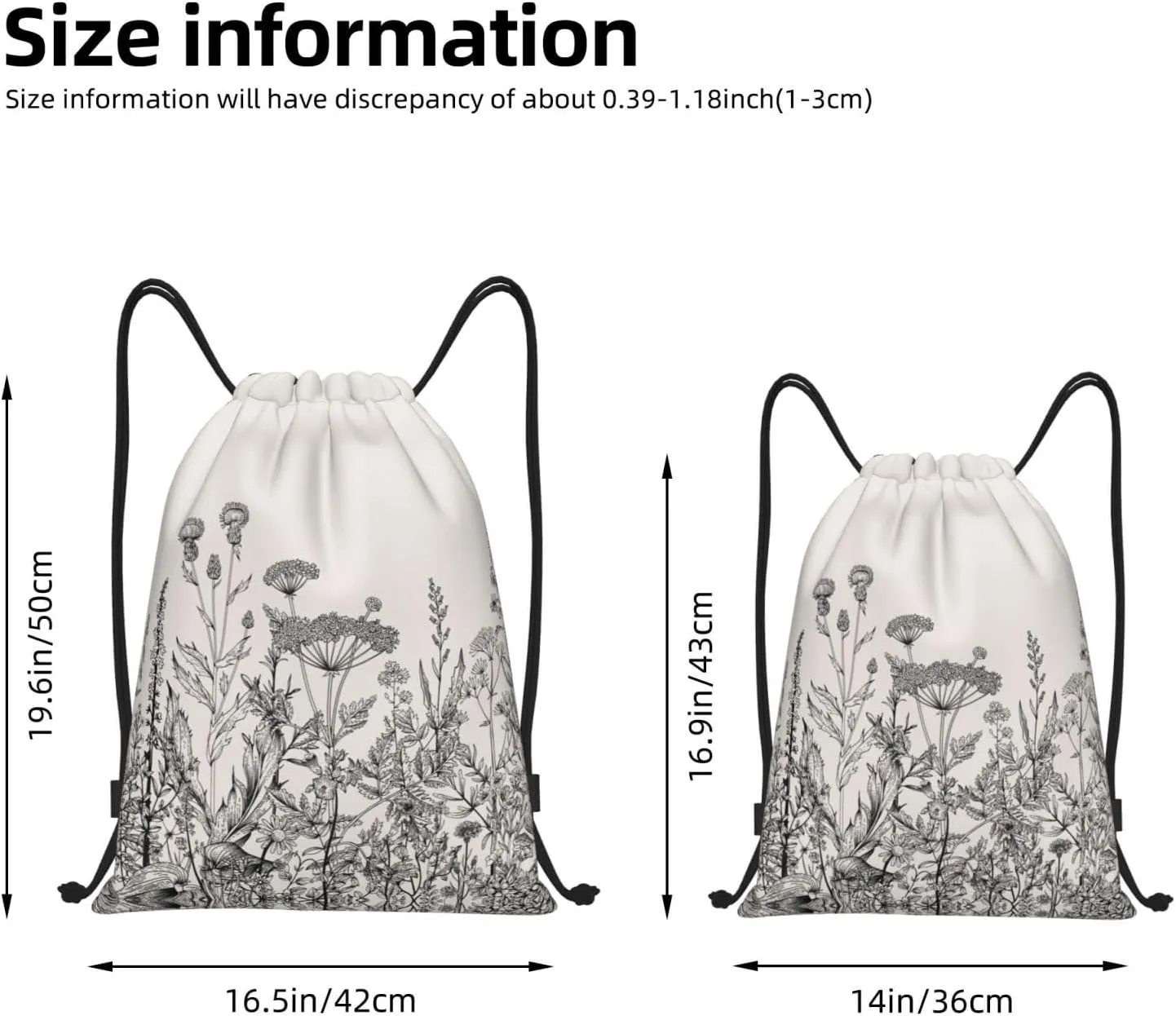 Limpac Floral Herbs Botanical Engraving Print Drawstring Gym Backpack Bag, Fitness Travel Beach Sport Storage For Men Women, Medium, Black
