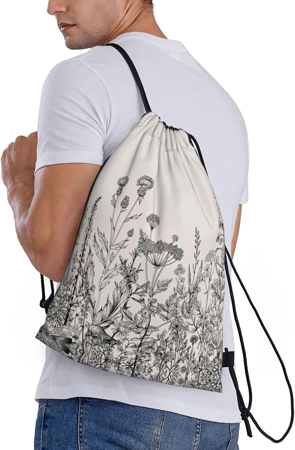 Limpac Floral Herbs Botanical Engraving Print Drawstring Gym Backpack Bag, Fitness Travel Beach Sport Storage For Men Women, Medium, Black