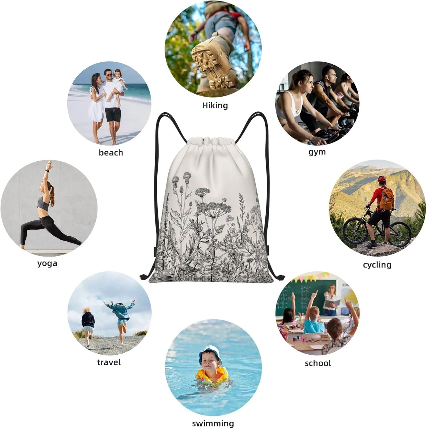Limpac Floral Herbs Botanical Engraving Print Drawstring Gym Backpack Bag, Fitness Travel Beach Sport Storage For Men Women, Medium, Black