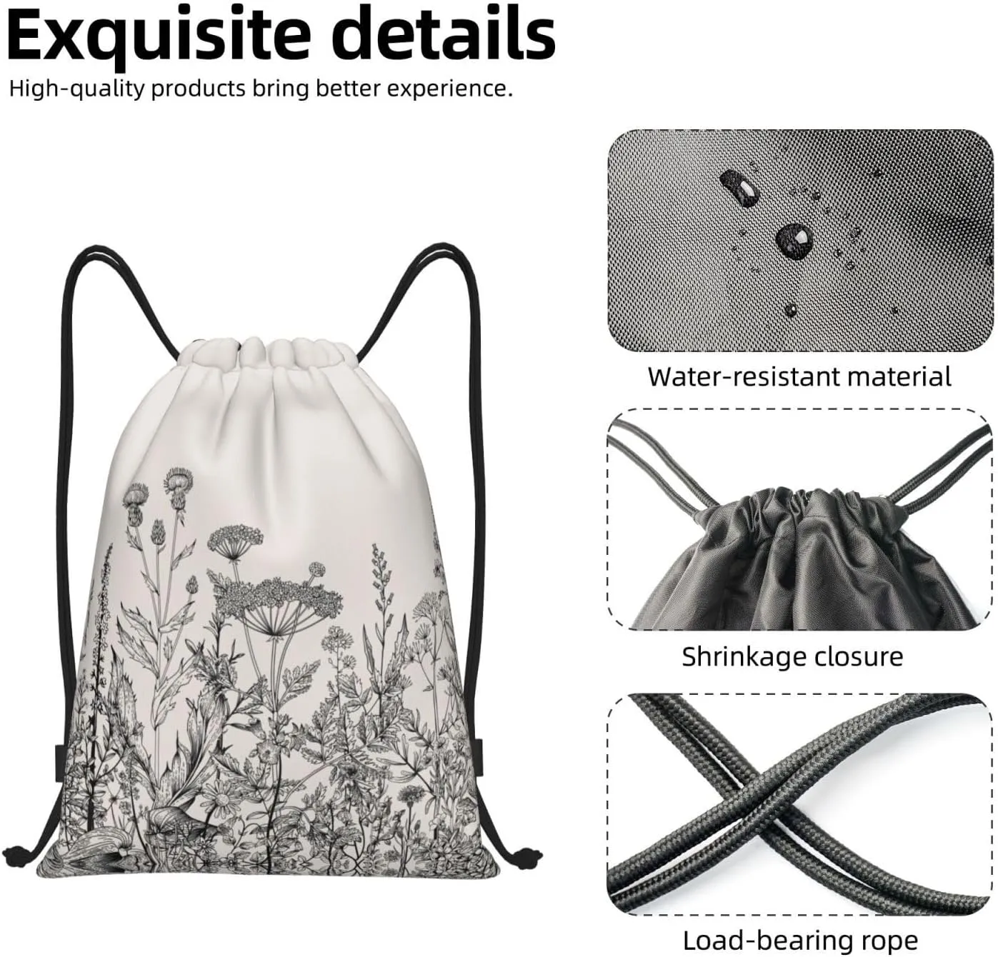 Limpac Floral Herbs Botanical Engraving Print Drawstring Gym Backpack Bag, Fitness Travel Beach Sport Storage For Men Women, Medium, Black