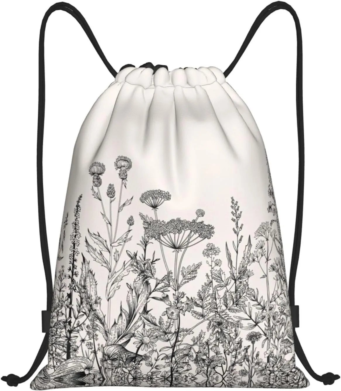 Limpac Floral Herbs Botanical Engraving Print Drawstring Gym Backpack Bag, Fitness Travel Beach Sport Storage For Men Women, Medium, Black