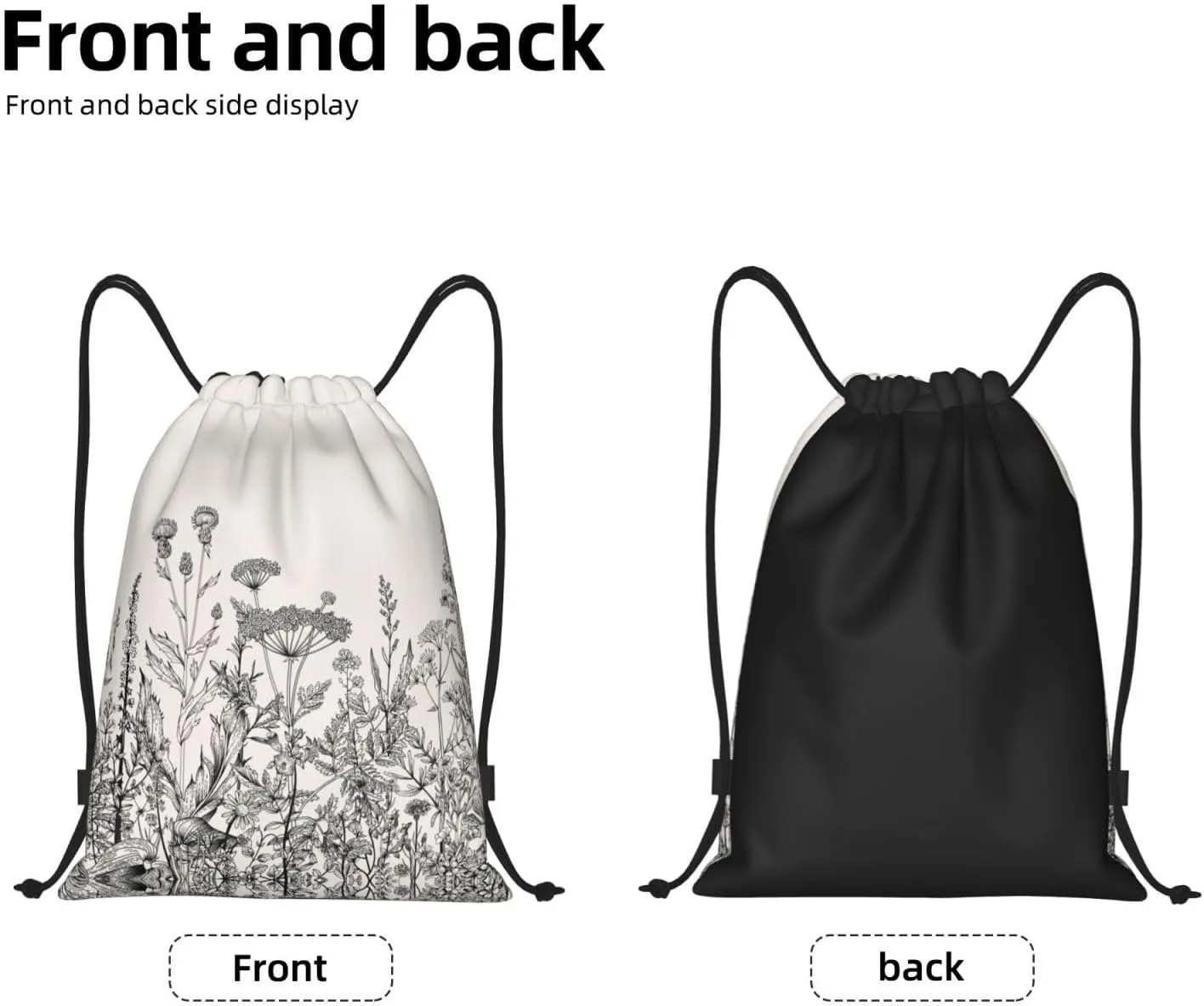 Limpac Floral Herbs Botanical Engraving Print Drawstring Gym Backpack Bag, Fitness Travel Beach Sport Storage For Men Women, Medium, Black