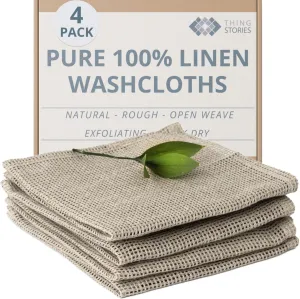 Linen Exfoliating Washcloth for Face - 4-Pack - 100% Flax Linen Washcloths - 12x12-inch Small Exfoliating Towel - Natural Face Towel Wash Cloth
