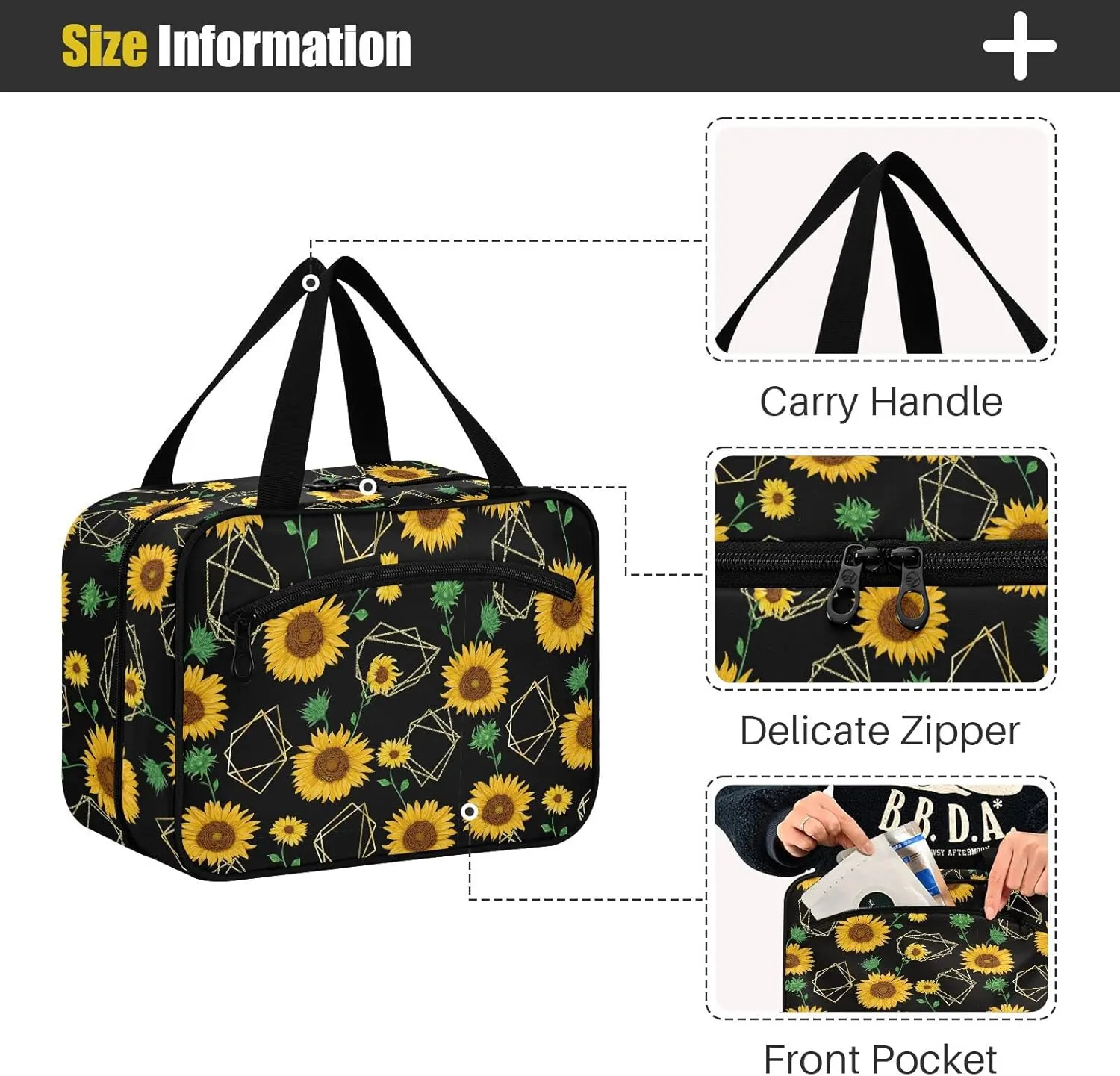 linqin Toiletry Bag for Travel, Sunflower Black Makeup Bag Large Cosmetic Bag Organizer with Hanging Hook for Women Men