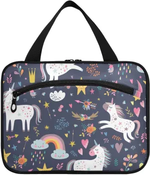 linqin Toiletry Bag for Travel, Unicorn Cartoon Cute Girl Rainbow Colorful Makeup Bag Large Cosmetic Bag Organizer with Hanging Hook for Women Men