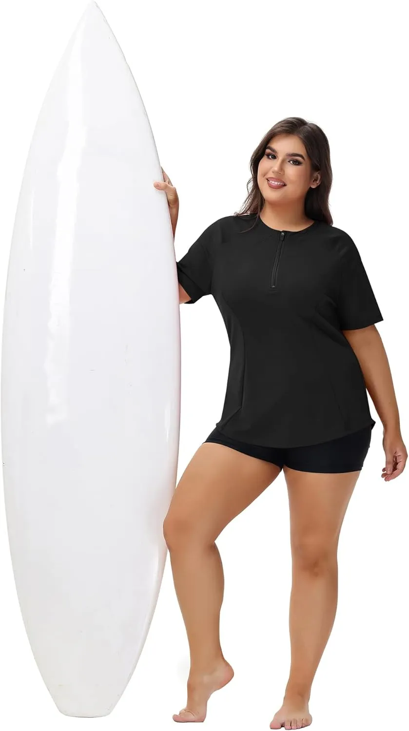 LOMON Womens Plus Size Rash Guard Short Sleeve Swim Shirts Quarter Zip UPF 50  UV Sun Protection Swimsuit Swim Tops