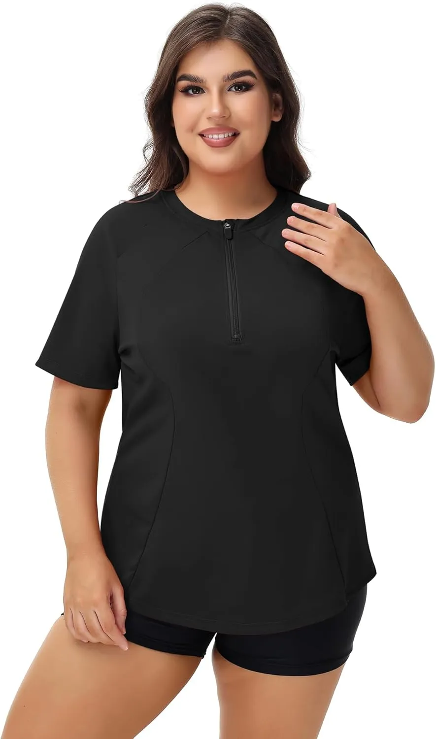 LOMON Womens Plus Size Rash Guard Short Sleeve Swim Shirts Quarter Zip UPF 50  UV Sun Protection Swimsuit Swim Tops