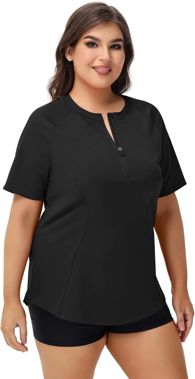 LOMON Womens Plus Size Rash Guard Short Sleeve Swim Shirts Quarter Zip UPF 50  UV Sun Protection Swimsuit Swim Tops