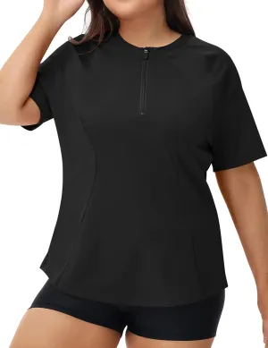 LOMON Womens Plus Size Rash Guard Short Sleeve Swim Shirts Quarter Zip UPF 50  UV Sun Protection Swimsuit Swim Tops