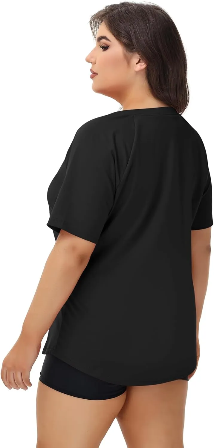 LOMON Womens Plus Size Rash Guard Short Sleeve Swim Shirts Quarter Zip UPF 50  UV Sun Protection Swimsuit Swim Tops