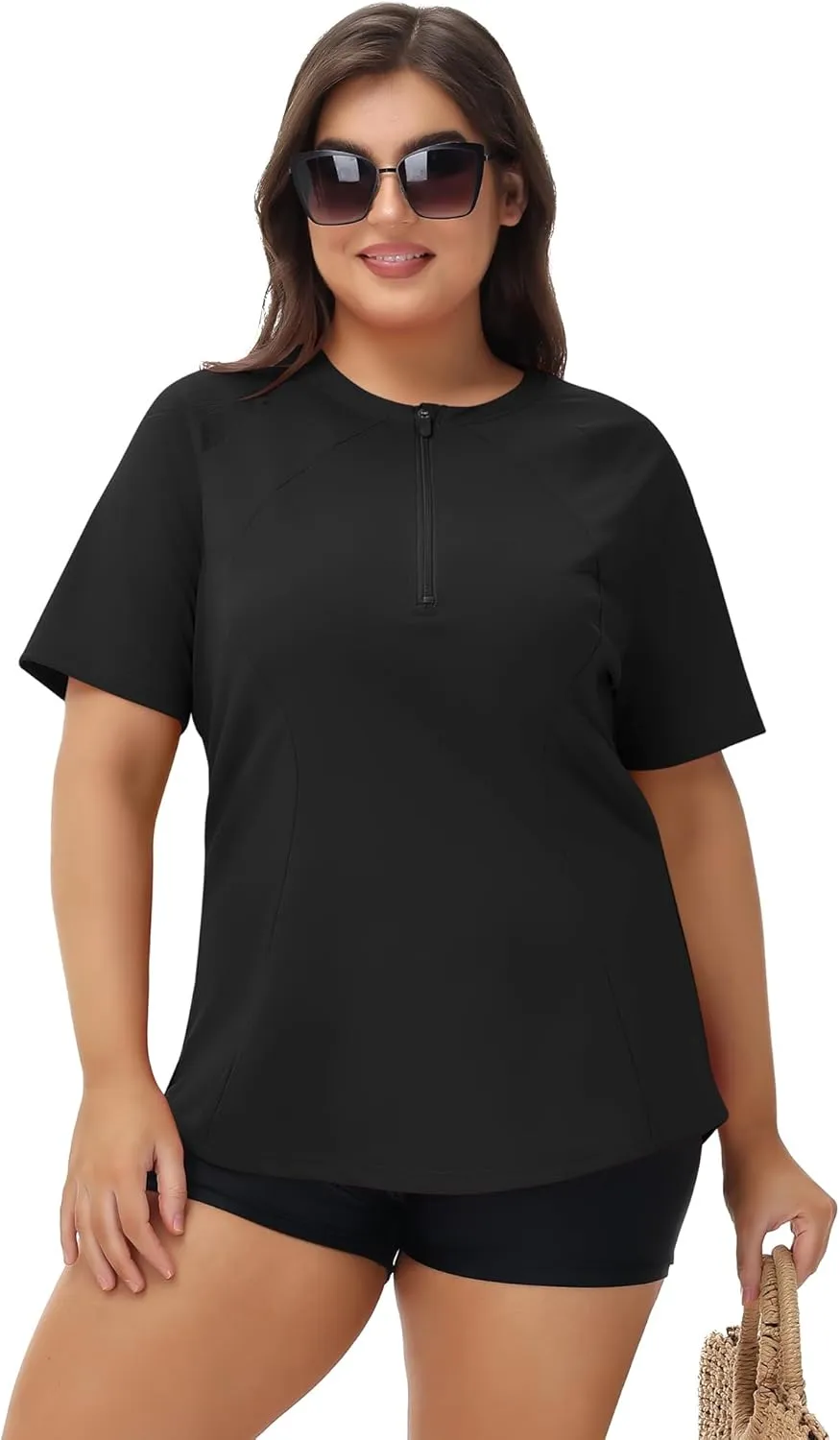 LOMON Womens Plus Size Rash Guard Short Sleeve Swim Shirts Quarter Zip UPF 50  UV Sun Protection Swimsuit Swim Tops