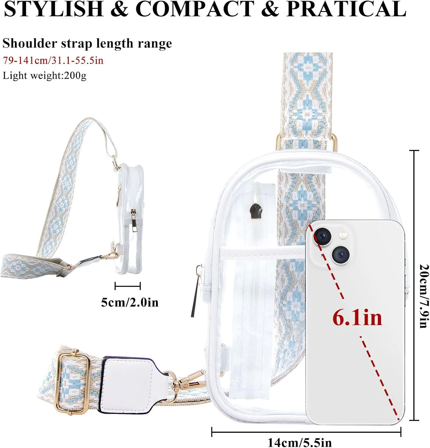 Long Keeper Clear Crossbody Bag - Women Stadium Approved Sling Bag Transparent Chest Bag for Travel Concerts Sport Events (White)