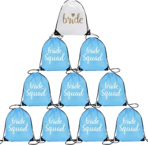 LotsBuyLots 10 Pcs Bride & Bride Squad Drawstring Bags Bachelorette Party Drawstring Bags for Bridal Shower Wedding Bridesmaid Gift Bags (Blue)