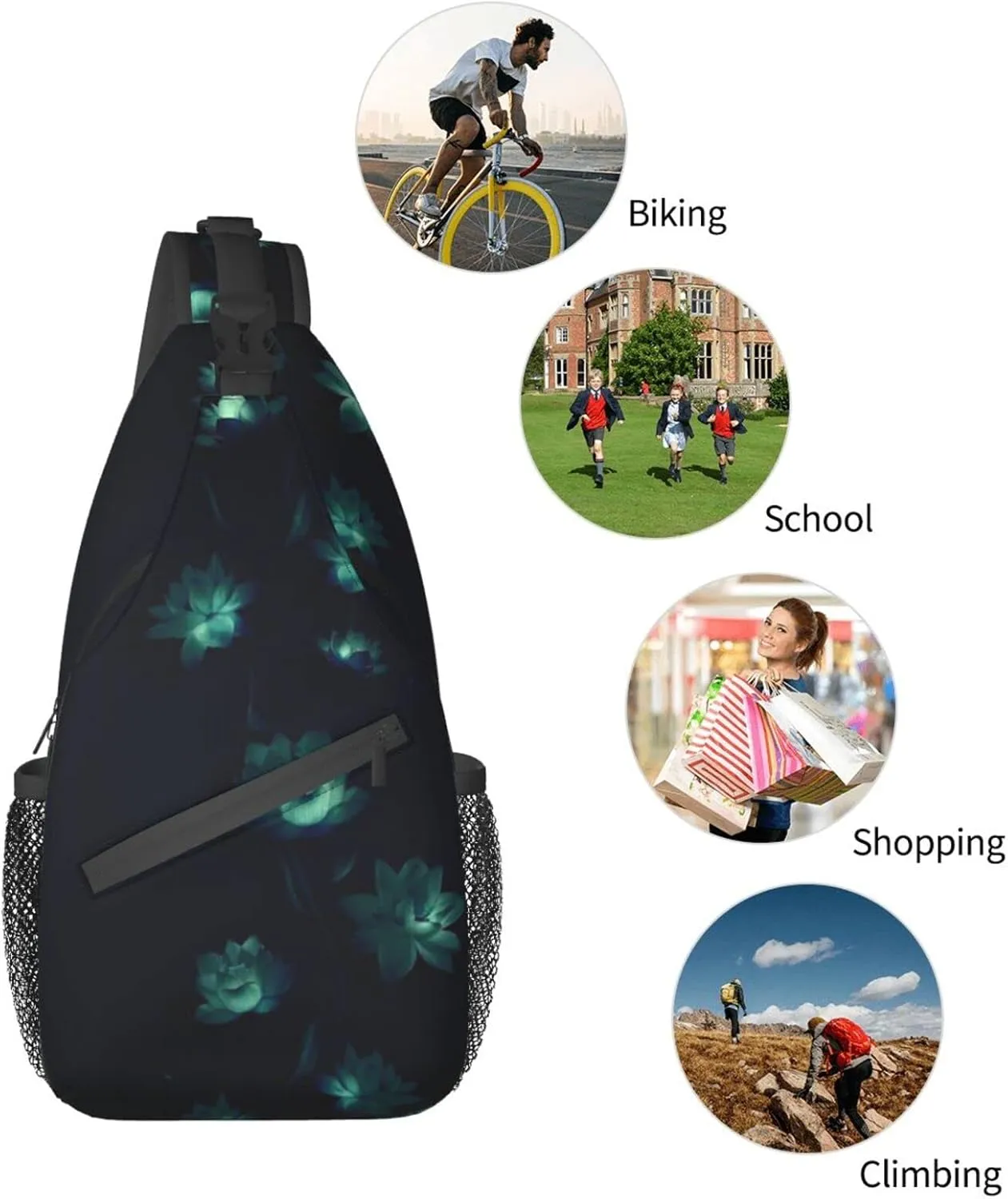 Lotus Flower Sling Bag Crossbody Chest Daypack Casual Backpack Flower Shoulder Bag For Travel Hiking Beach