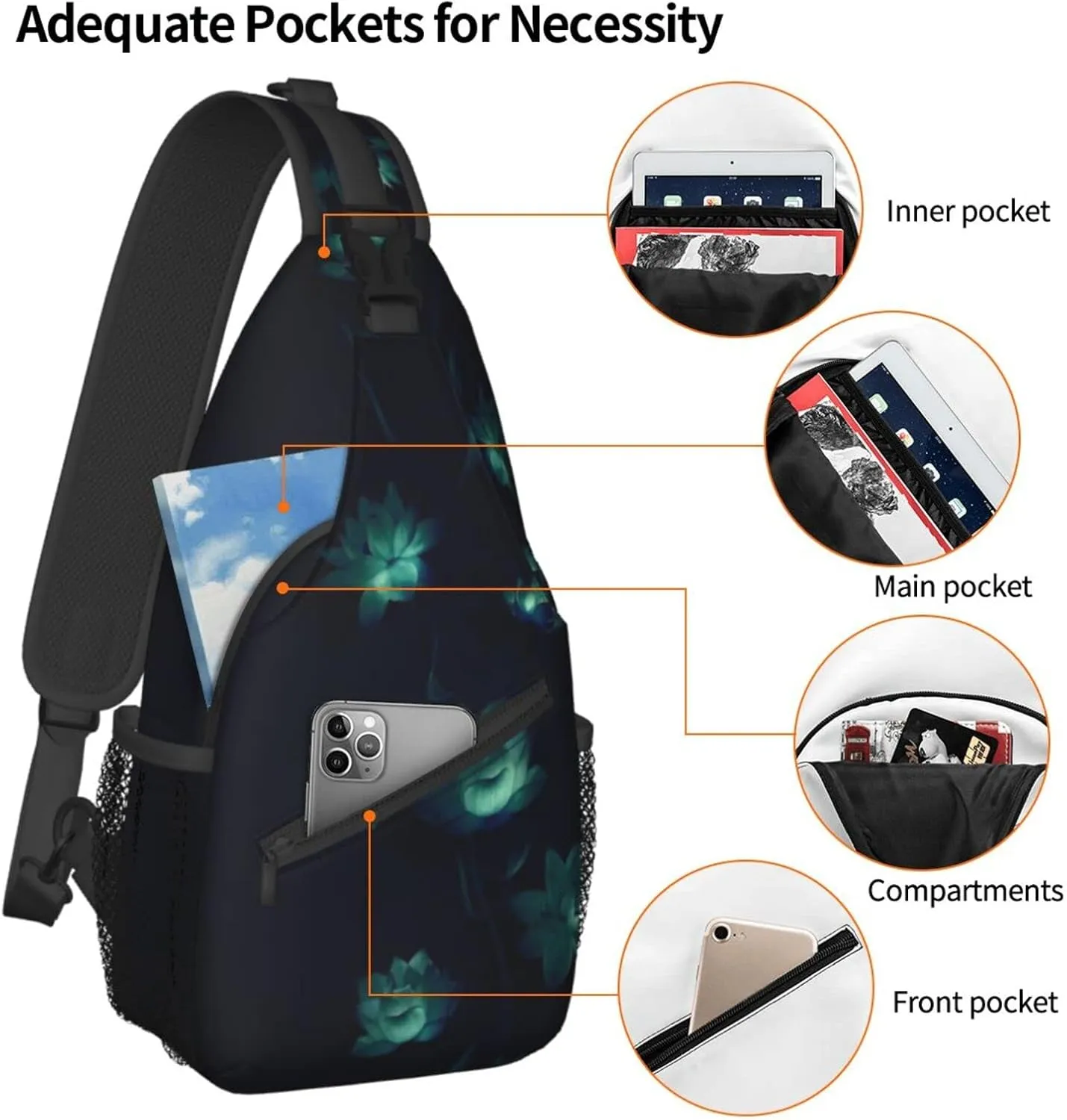 Lotus Flower Sling Bag Crossbody Chest Daypack Casual Backpack Flower Shoulder Bag For Travel Hiking Beach