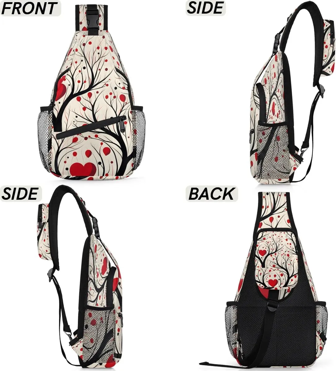 Love Tree Valentine's Day Sling Backpack for Women Men Waterproof Antitheft Chest Bag Lightweight Travel Crossbody Shoulder Bag for Shopping Outdoor Leisure Sports Mountaineering Riding