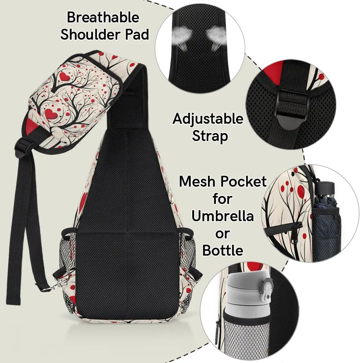Love Tree Valentine's Day Sling Backpack for Women Men Waterproof Antitheft Chest Bag Lightweight Travel Crossbody Shoulder Bag for Shopping Outdoor Leisure Sports Mountaineering Riding