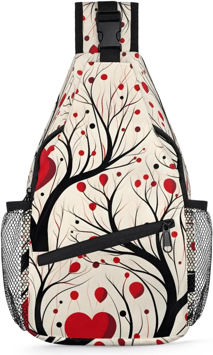 Love Tree Valentine's Day Sling Backpack for Women Men Waterproof Antitheft Chest Bag Lightweight Travel Crossbody Shoulder Bag for Shopping Outdoor Leisure Sports Mountaineering Riding