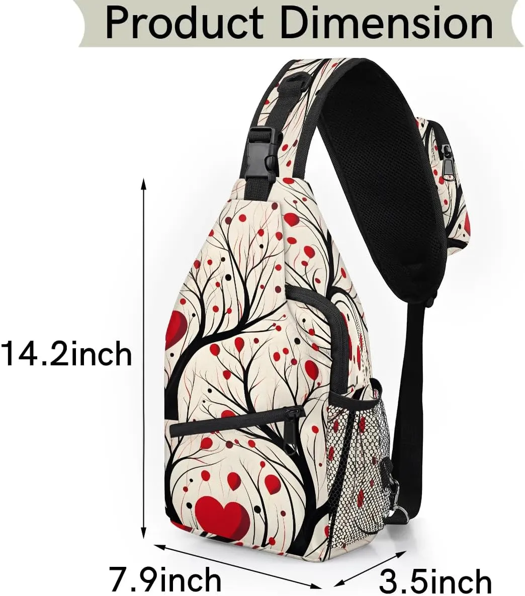 Love Tree Valentine's Day Sling Backpack for Women Men Waterproof Antitheft Chest Bag Lightweight Travel Crossbody Shoulder Bag for Shopping Outdoor Leisure Sports Mountaineering Riding