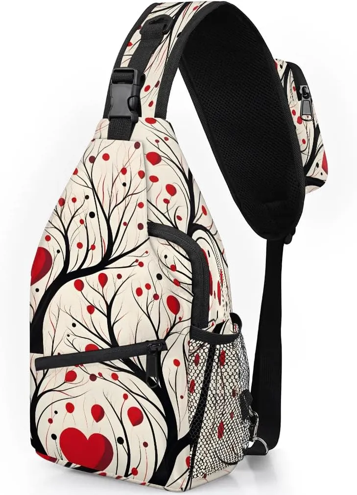 Love Tree Valentine's Day Sling Backpack for Women Men Waterproof Antitheft Chest Bag Lightweight Travel Crossbody Shoulder Bag for Shopping Outdoor Leisure Sports Mountaineering Riding