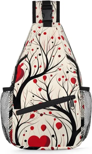Love Tree Valentine's Day Sling Backpack for Women Men Waterproof Antitheft Chest Bag Lightweight Travel Crossbody Shoulder Bag for Shopping Outdoor Leisure Sports Mountaineering Riding