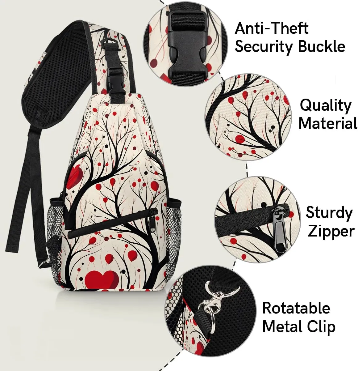 Love Tree Valentine's Day Sling Backpack for Women Men Waterproof Antitheft Chest Bag Lightweight Travel Crossbody Shoulder Bag for Shopping Outdoor Leisure Sports Mountaineering Riding