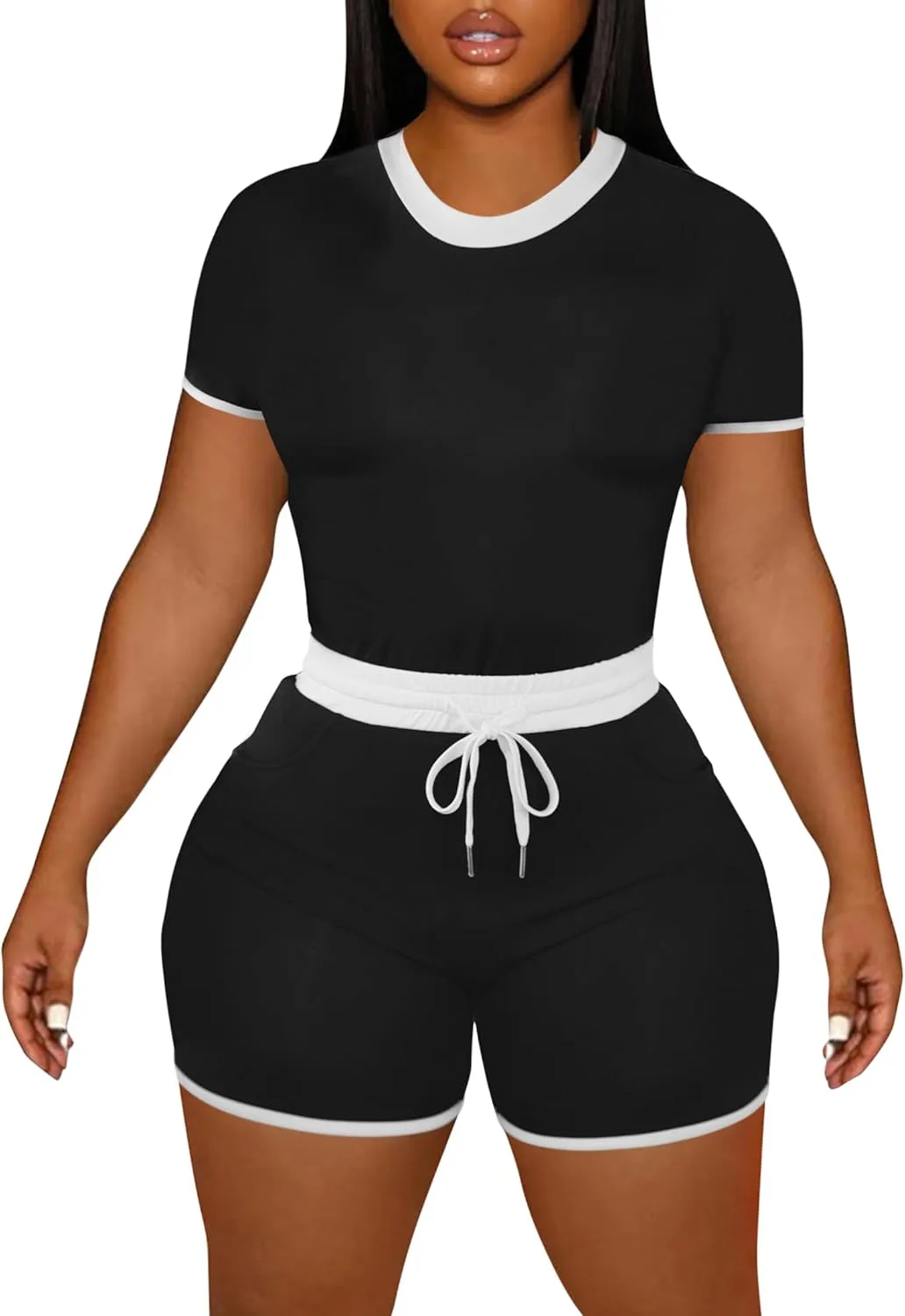 LovelyWholesale Women's Summer 2 Piece Outfits Skinny Shorts Tracksuit Sets