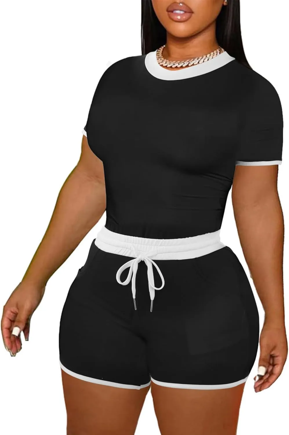 LovelyWholesale Women's Summer 2 Piece Outfits Skinny Shorts Tracksuit Sets