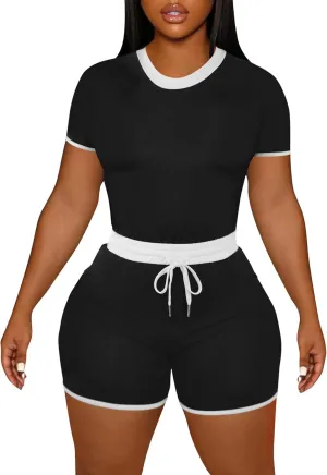 LovelyWholesale Women's Summer 2 Piece Outfits Skinny Shorts Tracksuit Sets