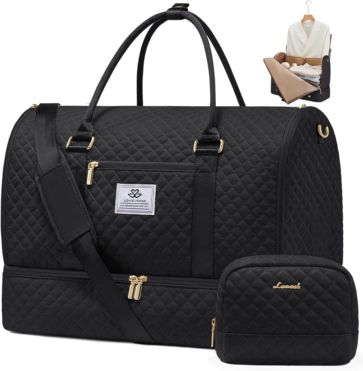 LOVEVOOK Convertible Garment Bag for Women with Shoe Pouch, Carry On Travel Duffel Bag with Toiletry Bag, 2 in 1 Hanging Suitcase Suit Bag, Waterproof Weekender Bag for Business Trip, Wedding, Black