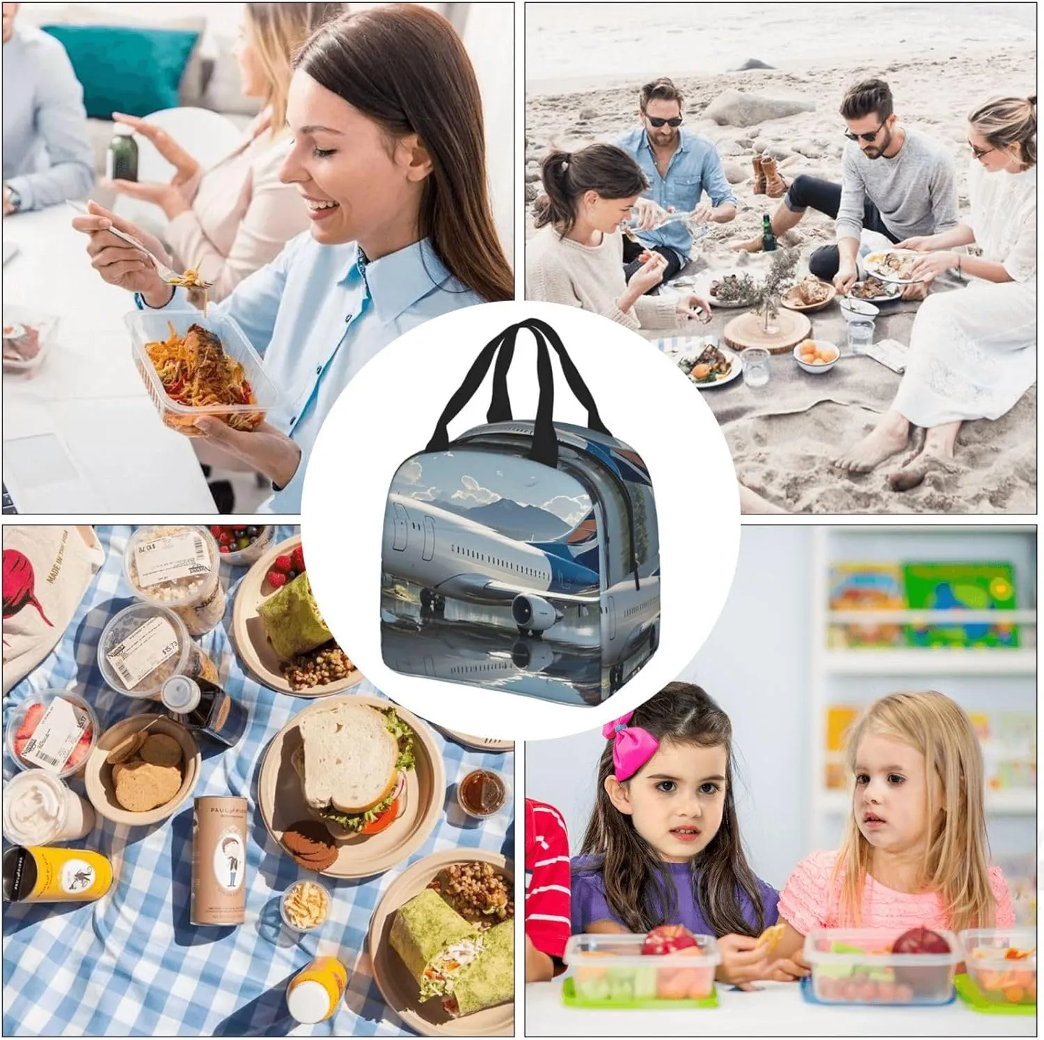 Lunch Bag Insulated Lunch Box for Women Men Airplane on Lake Reusable Lunch Tote Bag for Work Picnic Travel