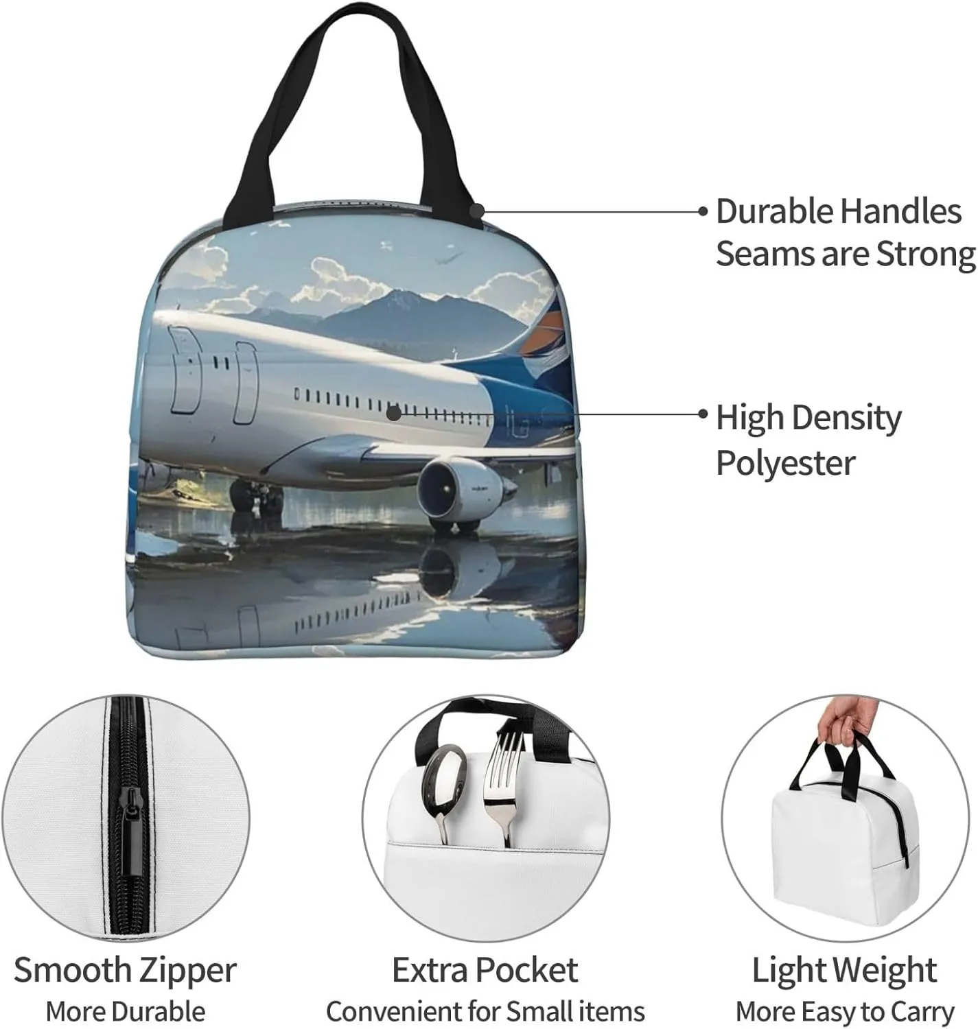 Lunch Bag Insulated Lunch Box for Women Men Airplane on Lake Reusable Lunch Tote Bag for Work Picnic Travel