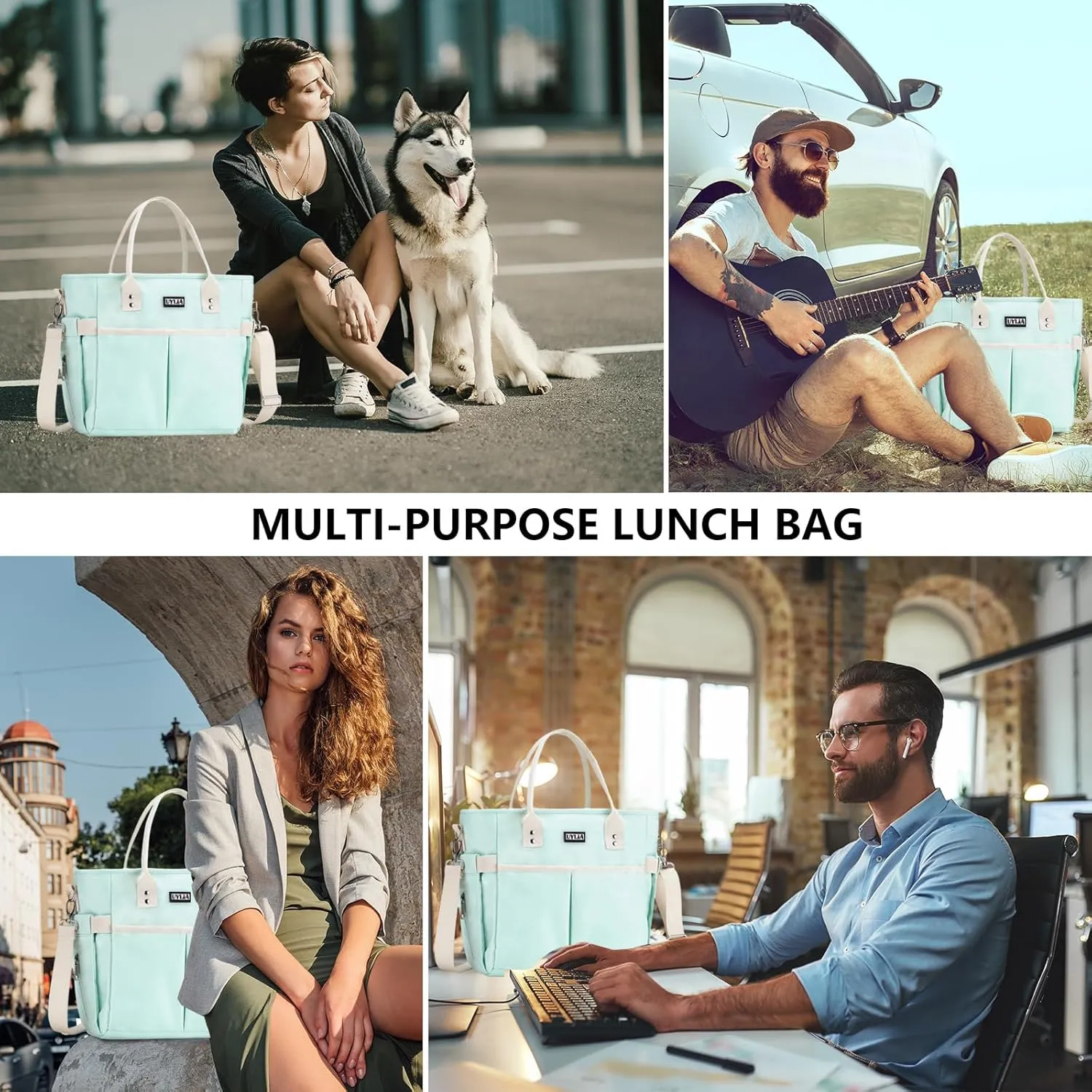 Lunch Bags for Women,Insulated Lunch Tote Bag with Adjustable Shoulder Strap, Lunch Box with Drinks Holder for Adults Men Work Picnic Beach Workout (Green, Large)
