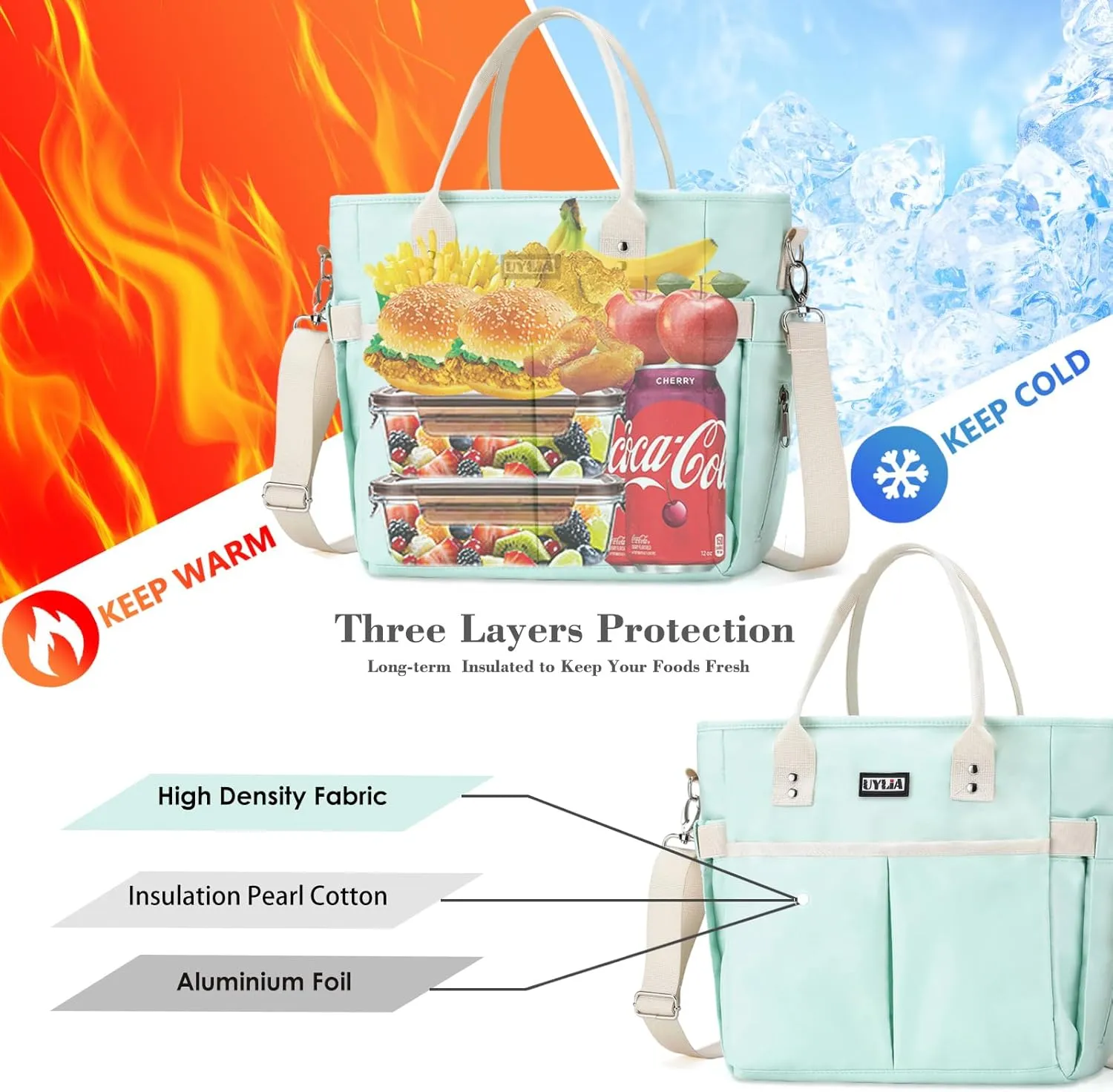 Lunch Bags for Women,Insulated Lunch Tote Bag with Adjustable Shoulder Strap, Lunch Box with Drinks Holder for Adults Men Work Picnic Beach Workout (Green, Large)