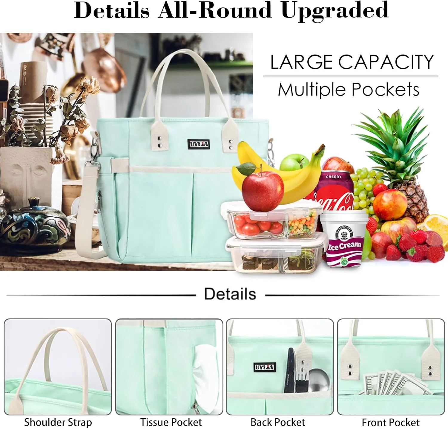 Lunch Bags for Women,Insulated Lunch Tote Bag with Adjustable Shoulder Strap, Lunch Box with Drinks Holder for Adults Men Work Picnic Beach Workout (Green, Large)