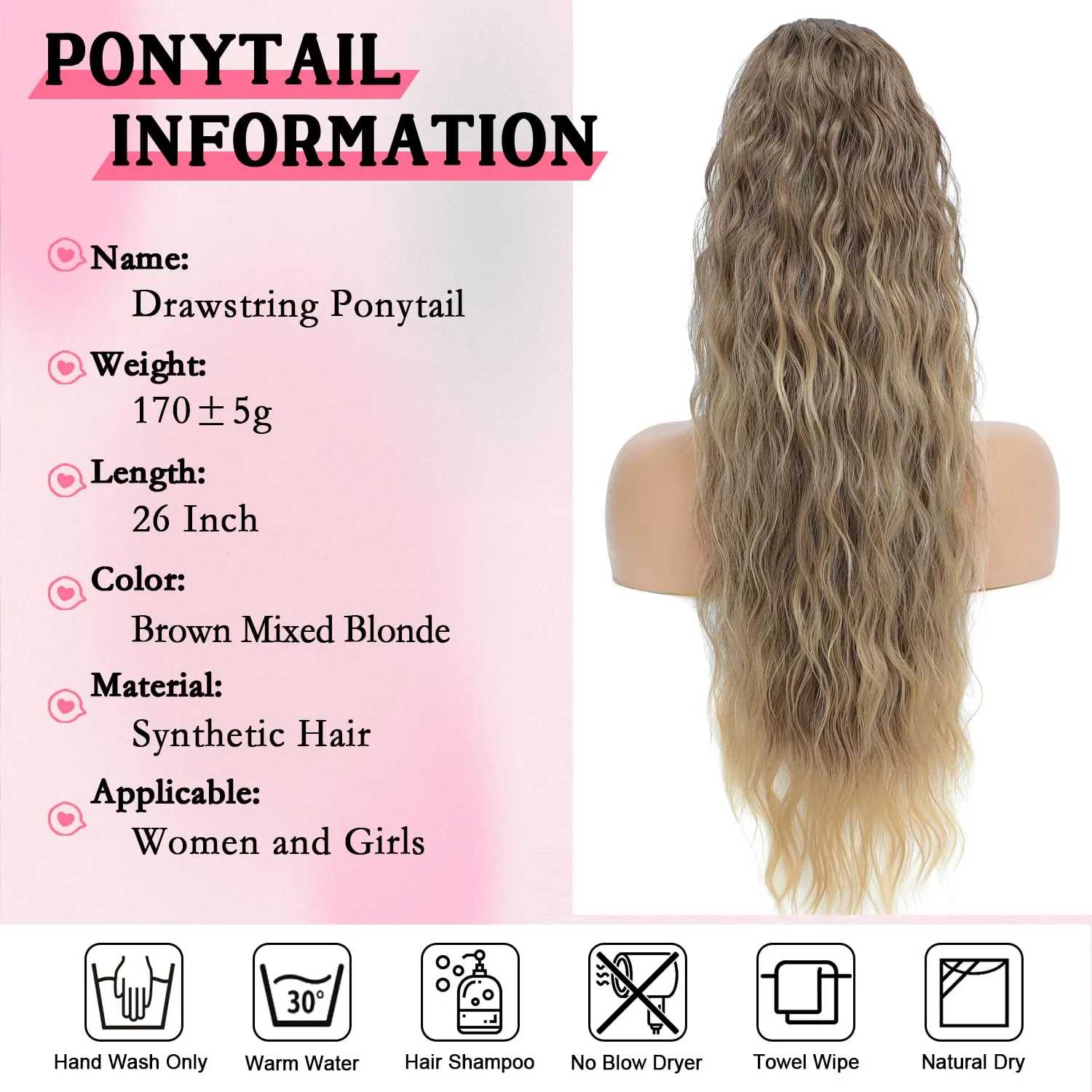 Mairead Drawstring Ponytail Extension for Women 26 Inch Long Wavy Ponytail Hair Extensions Medium Brown Synthetic Wavy Hairpiece Brown Mixed Blonde 8/18T