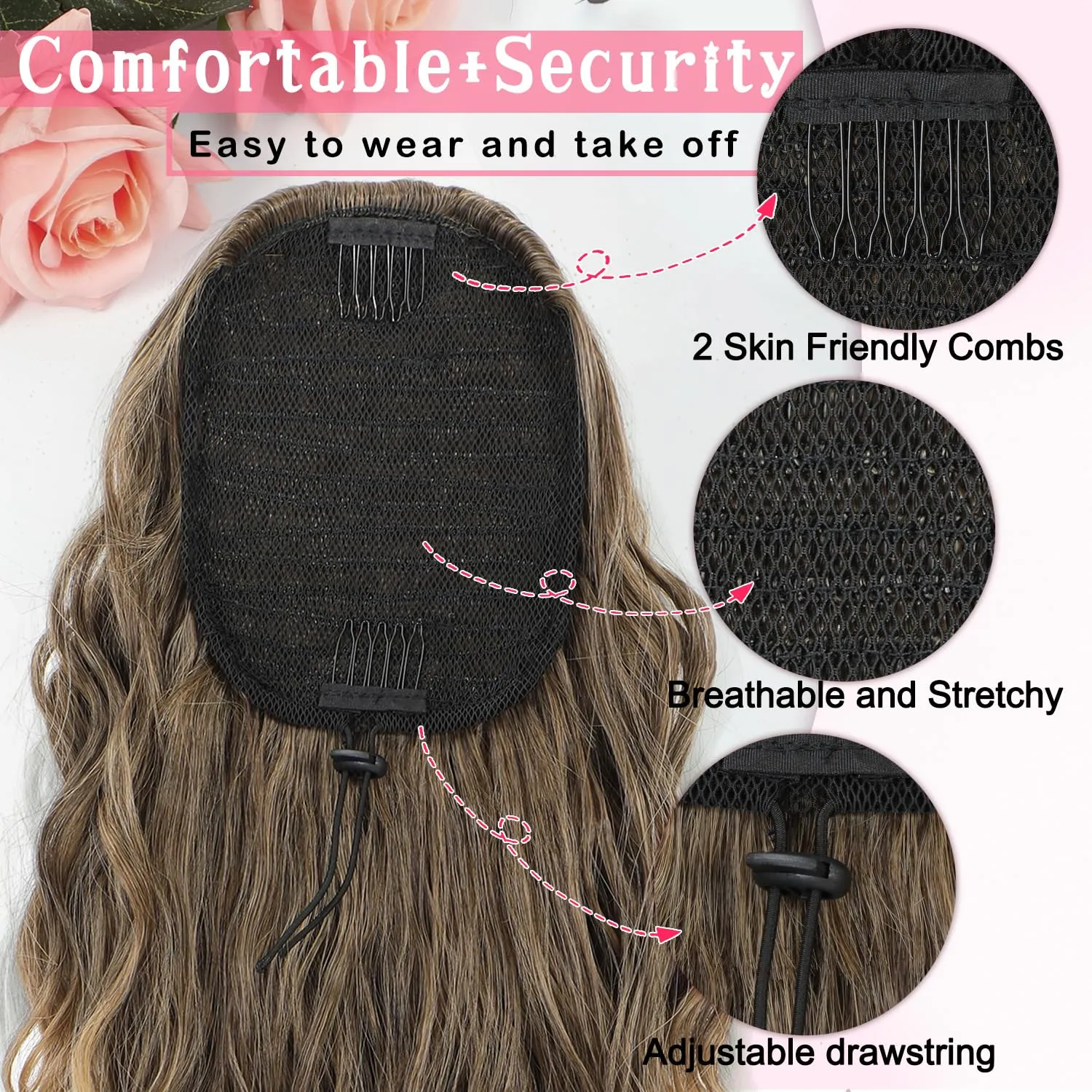 Mairead Drawstring Ponytail Extension for Women 26 Inch Long Wavy Ponytail Hair Extensions Medium Brown Synthetic Wavy Hairpiece Brown Mixed Blonde 8/18T