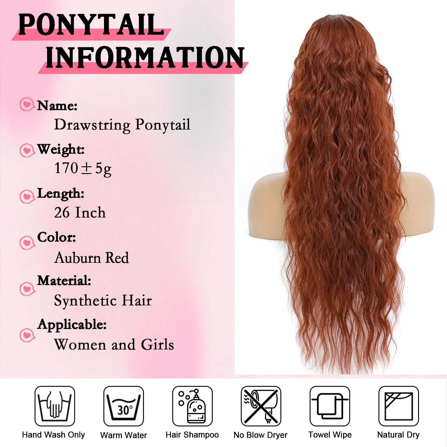Mairead Ponytail Extension 26 Inch Drawstring Curly Ponytail for Women Ginger Curly Wavy Pony Tail Hair Extensions Long Synthetic Hairpiece for Daily Use, Dark Copper Red 26inch 350#