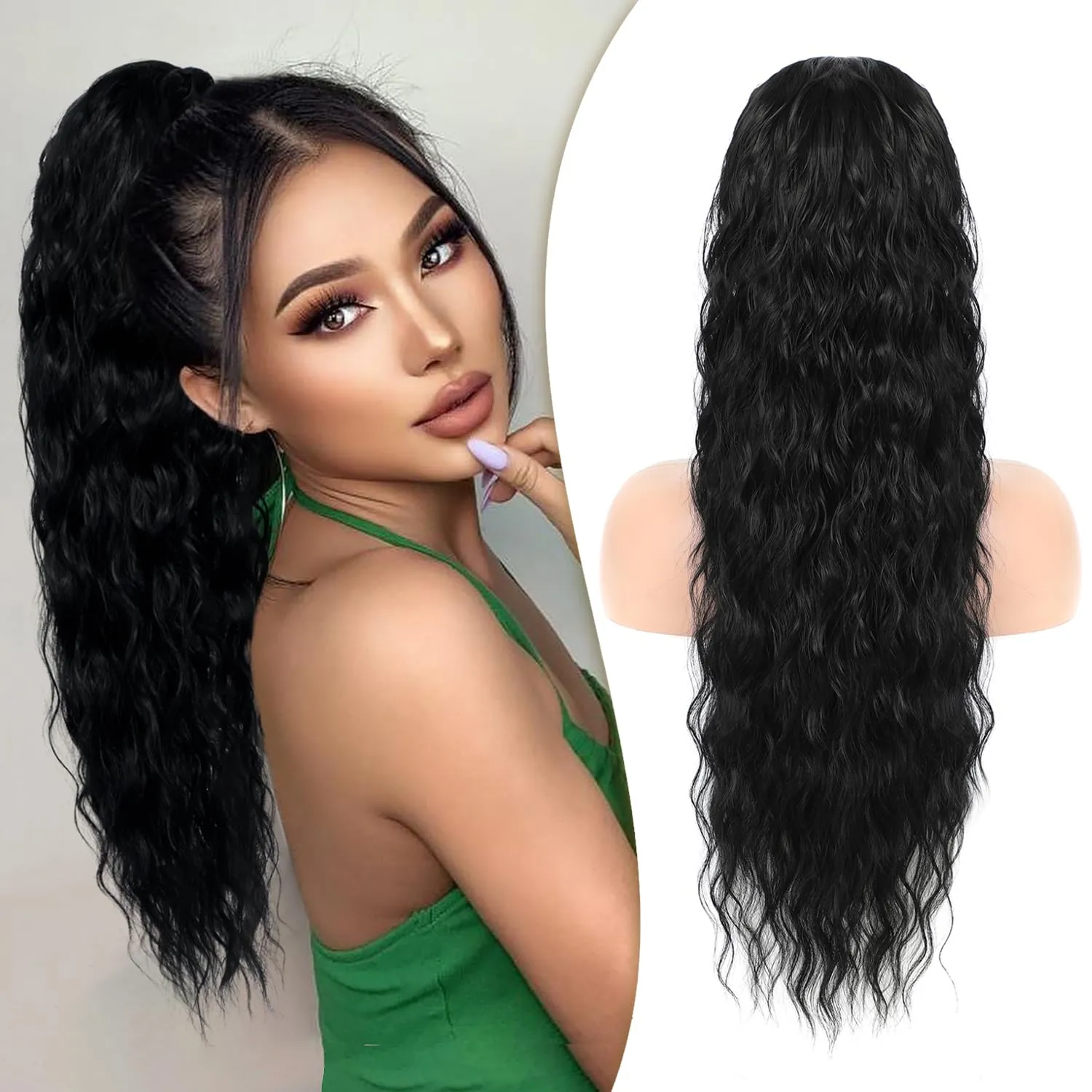 Mairead Ponytail Extensions Drawstring Curly Ponytail 26inch for Women Black Long Curly Wavy Hair Natural Wavy Synthetic Hair Extensions Ponytail for Everyday Use 26inch 1B#