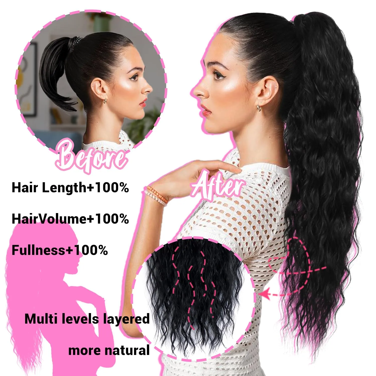 Mairead Ponytail Extensions Drawstring Curly Ponytail 26inch for Women Black Long Curly Wavy Hair Natural Wavy Synthetic Hair Extensions Ponytail for Everyday Use 26inch 1B#