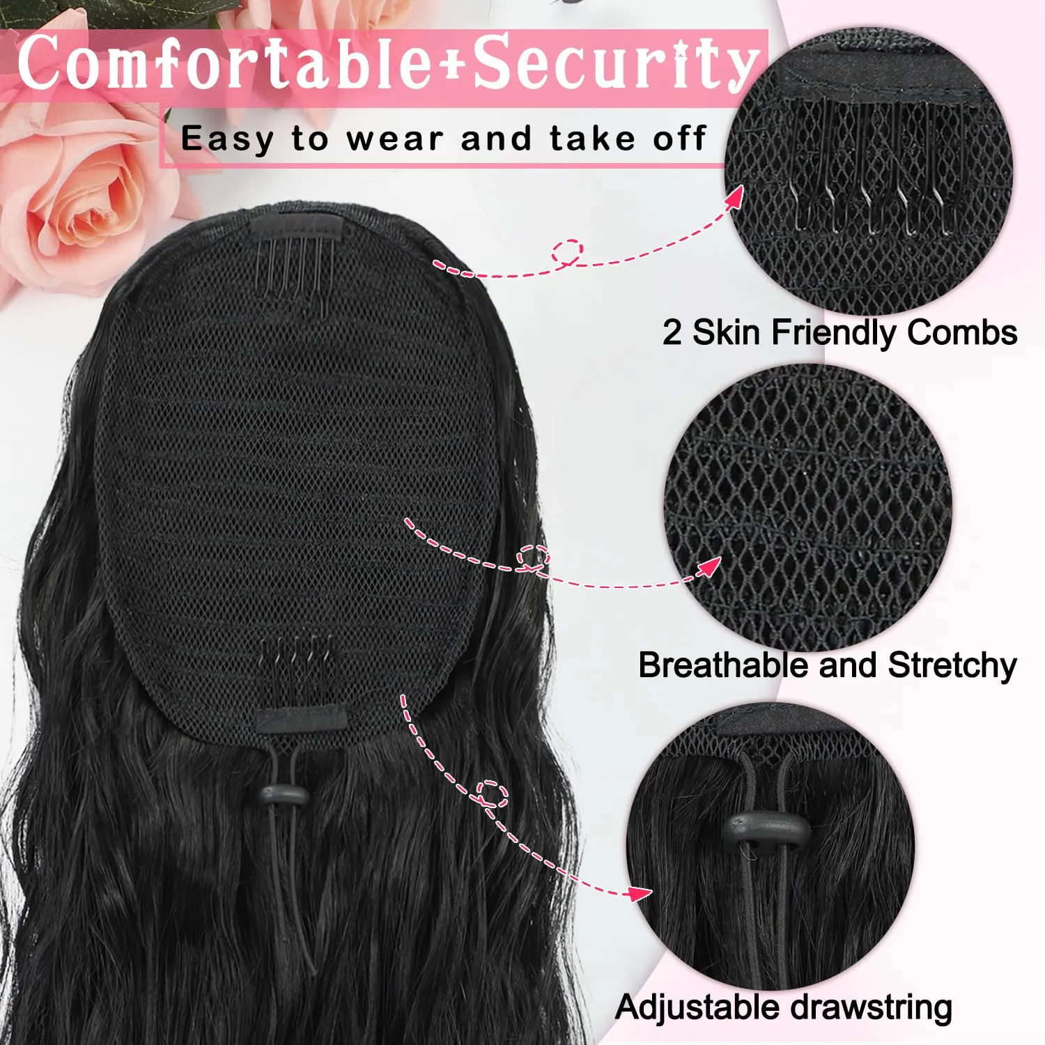 Mairead Ponytail Extensions Drawstring Curly Ponytail 26inch for Women Black Long Curly Wavy Hair Natural Wavy Synthetic Hair Extensions Ponytail for Everyday Use 26inch 1B#