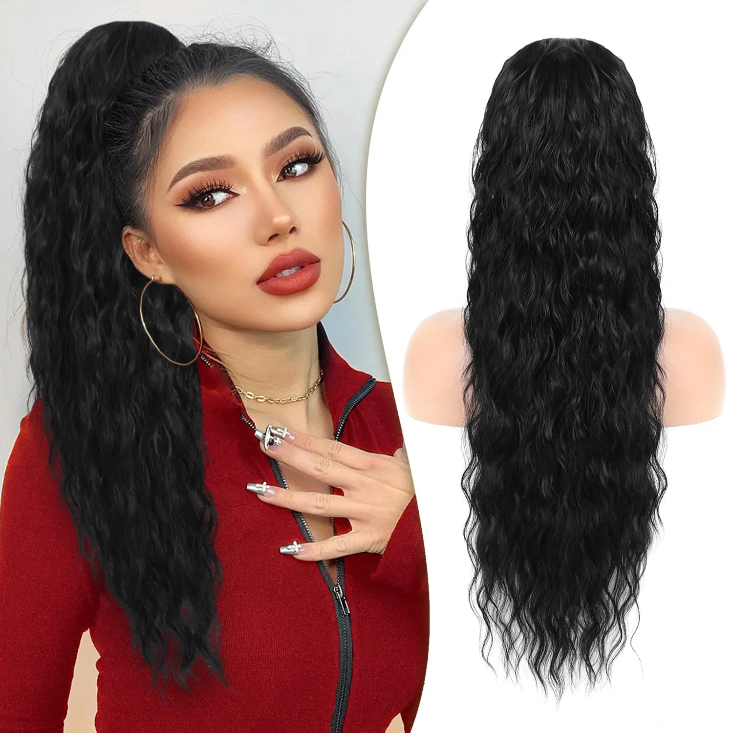 Mairead Ponytail Extensions Drawstring Curly Ponytail 26inch for Women Black Long Curly Wavy Hair Natural Wavy Synthetic Hair Extensions Ponytail for Everyday Use 26inch 1B#