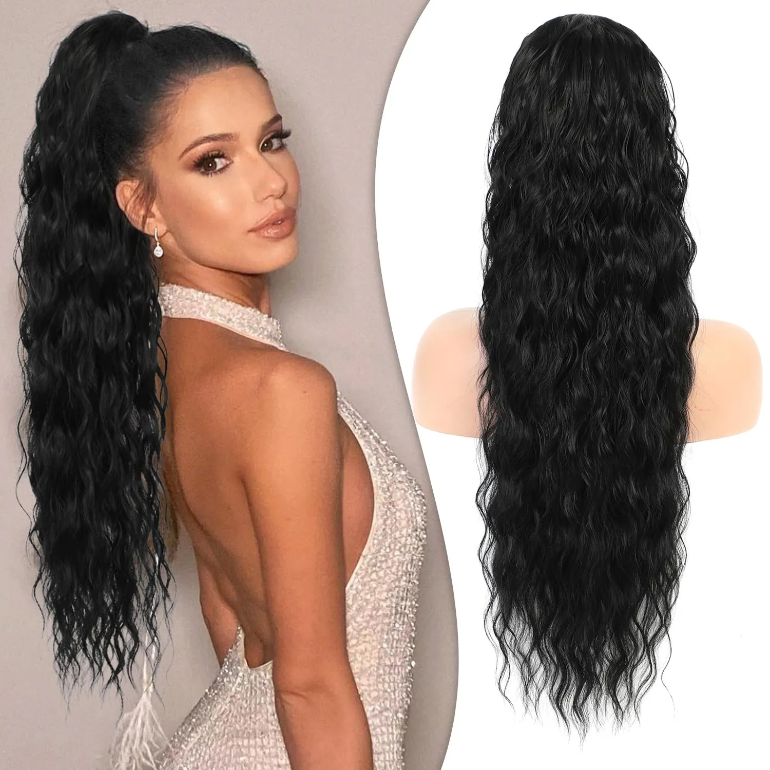 Mairead Ponytail Extensions Drawstring Curly Ponytail 26inch for Women Black Long Curly Wavy Hair Natural Wavy Synthetic Hair Extensions Ponytail for Everyday Use 26inch 1B#