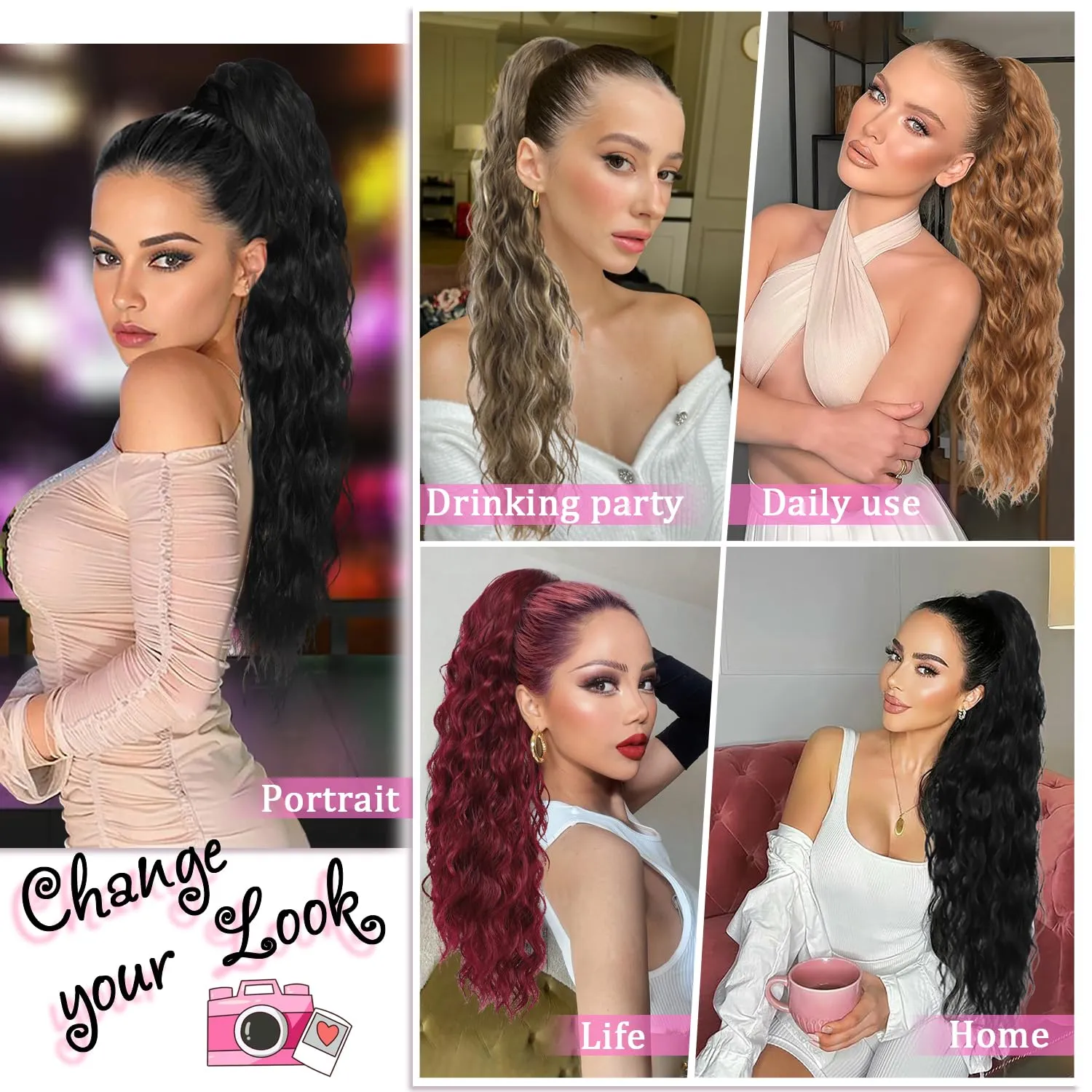 Mairead Ponytail Extensions Drawstring Curly Ponytail 26inch for Women Black Long Curly Wavy Hair Natural Wavy Synthetic Hair Extensions Ponytail for Everyday Use 26inch 1B#