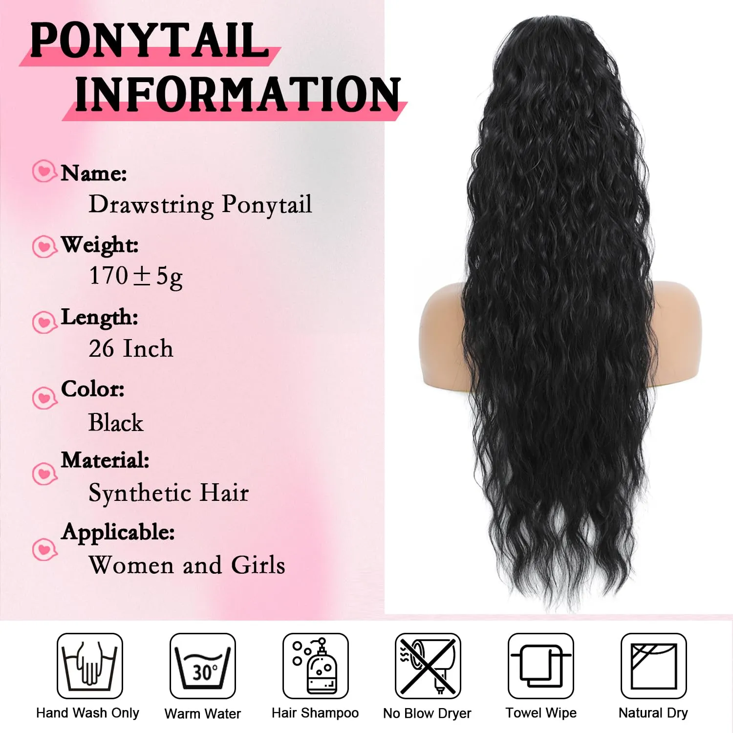 Mairead Ponytail Extensions Drawstring Curly Ponytail 26inch for Women Black Long Curly Wavy Hair Natural Wavy Synthetic Hair Extensions Ponytail for Everyday Use 26inch 1B#