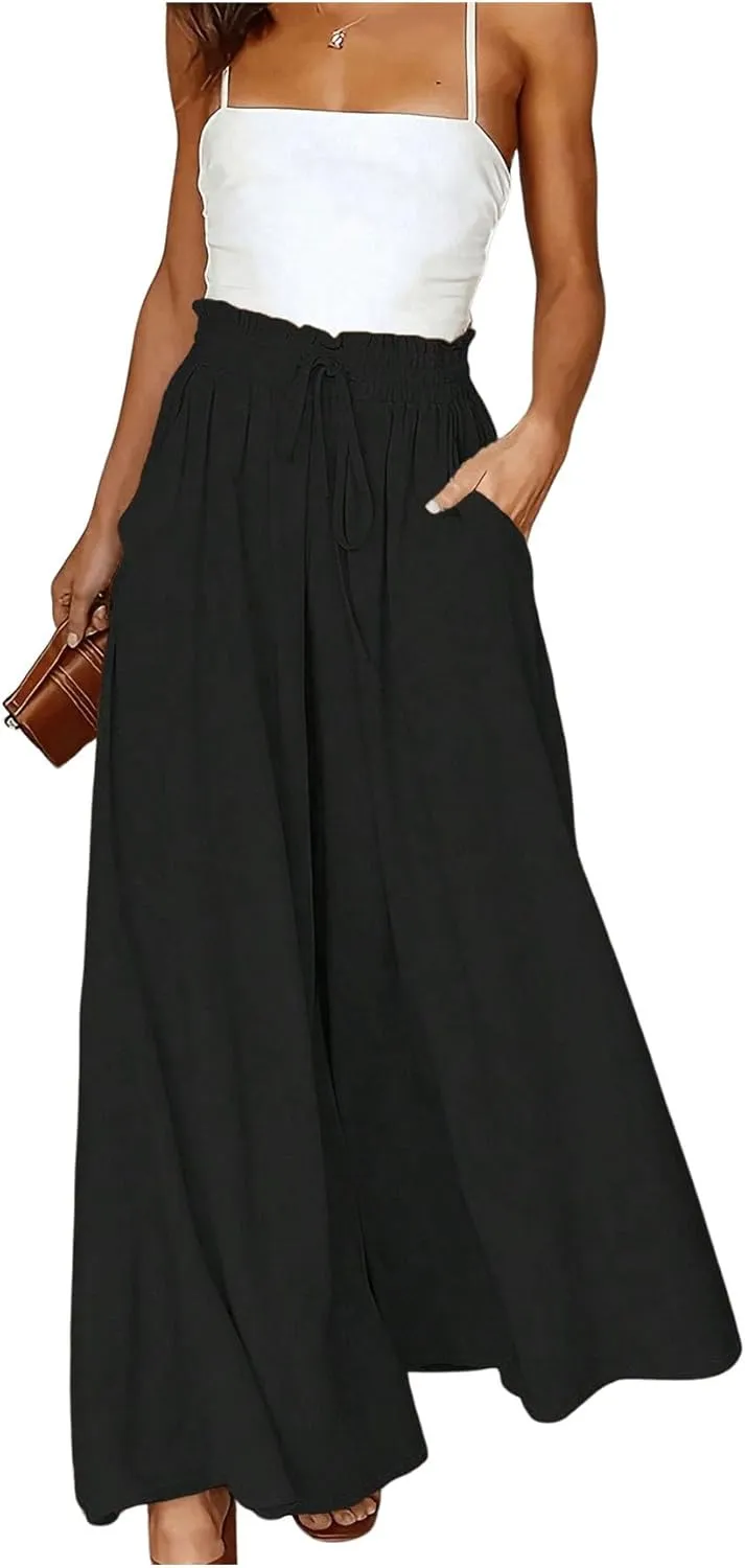 MakeMeChic Women's Paperbag Waist Wide Leg Pants Drawstring Tie Front Loose Fit Trousers